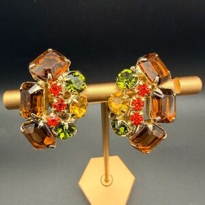Vintage Juliana Style Rhinestone Clip Earrings Amber Green Open Back